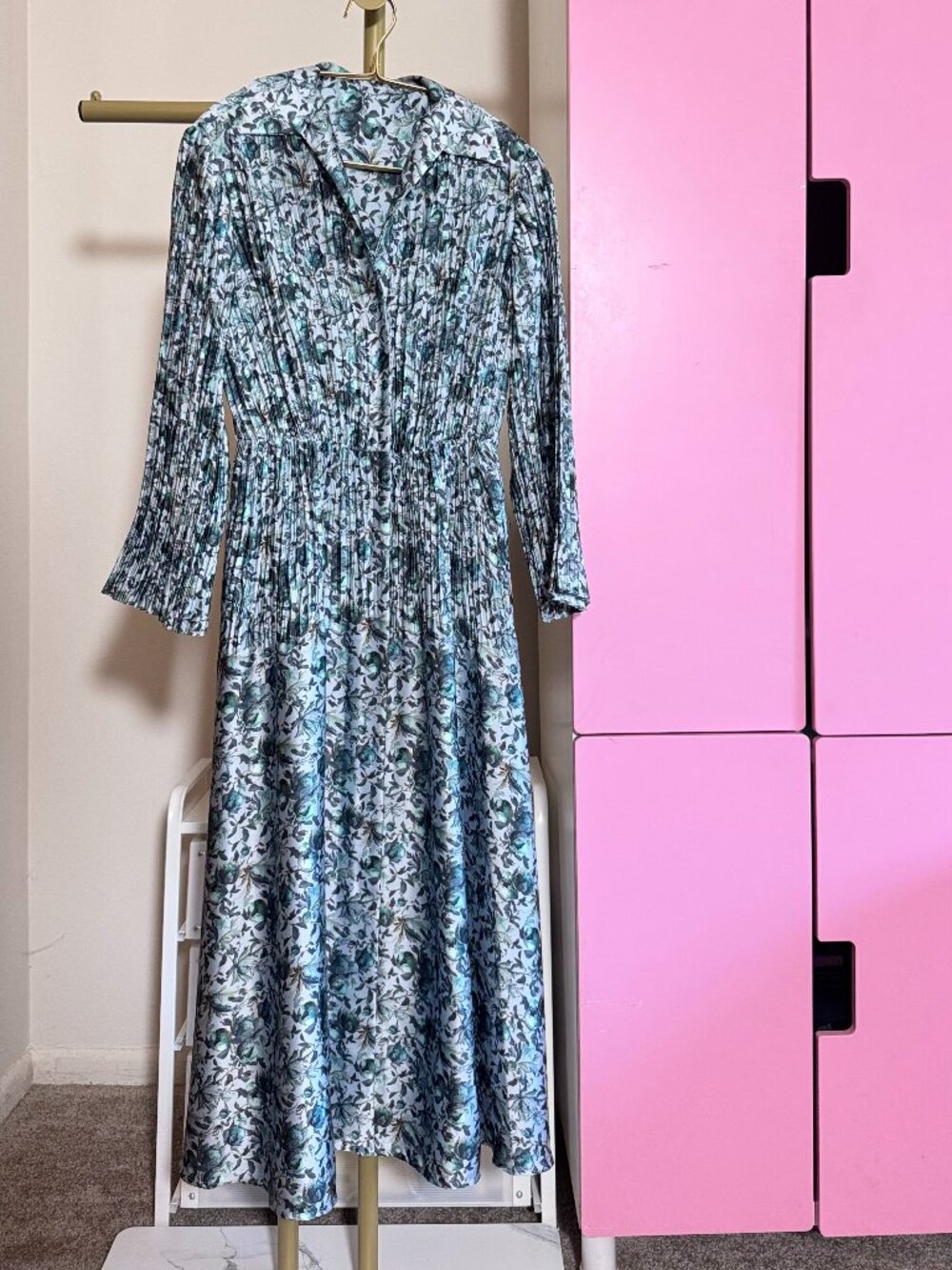 Crinkled Glossy Floral Midi Shirt Dress